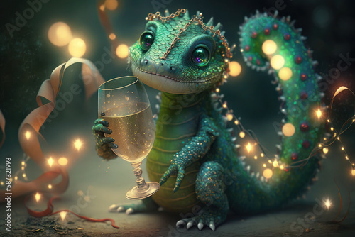 a small, cute green dragon is celebrating with a glass of champagne. happy New Year. AI Generative © Svetlana