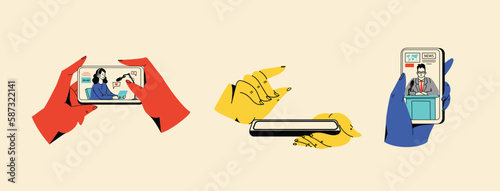 Concept of news, watching video online, podcast, talk show, tv application, live streaming. Hand holding smartphone with man with microphone on screen. Vector illustration in flat style