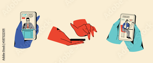 Concept of news, watching video online, podcast, talk show, tv application, live streaming. Hand holding smartphone with man with microphone on screen. Vector illustration in flat style