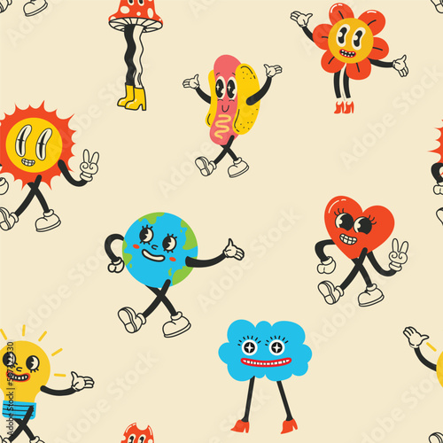 Colorful funny happy face label seamless pattern set. Collection of trendy retro sticker cartoon backgrounds. Weird comic character art wallpaper
