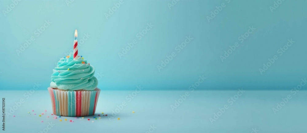 Blue Birthday cupcake with candle food anniversary concept cover banner ...