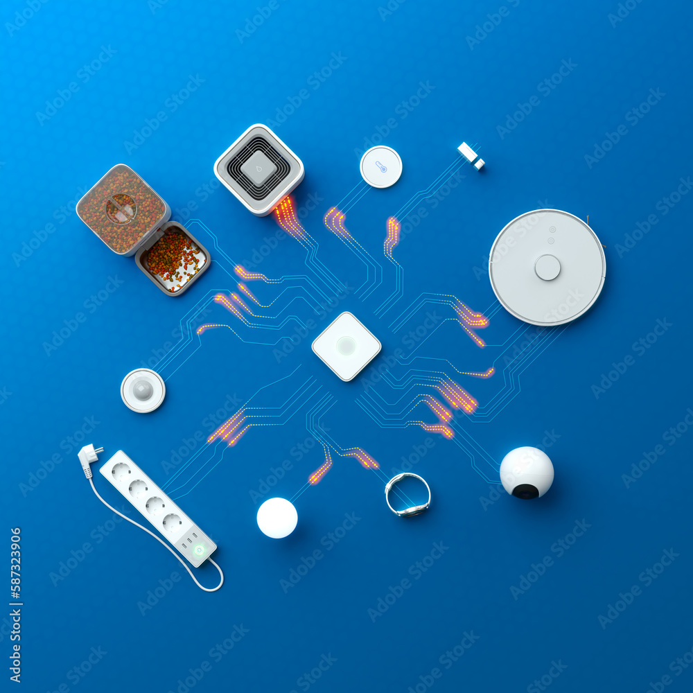 Smart home devices connected to the hub by circuit board electrical pathways