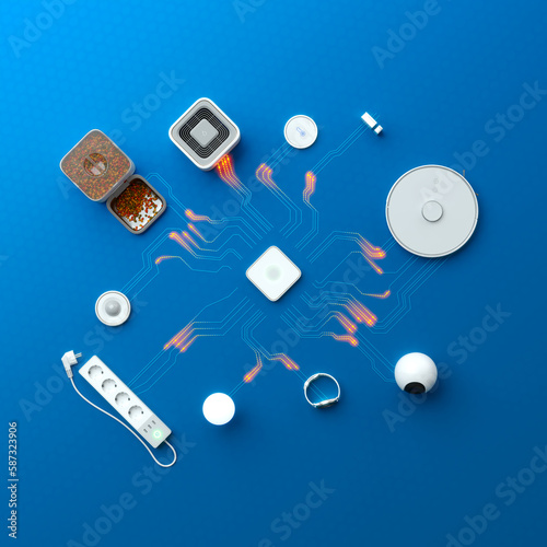 Obraz na płótnie Smart home devices connected to the hub by circuit board electrical pathways w salonie