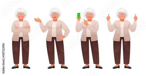 An elderly woman stands with her arms crossed, pointing at something, with a smartphone in her hand. An old white woman with gray hair in glasses stands in various poses. Grandmother