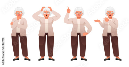Fototapeta Naklejka Na Ścianę i Meble -  An elderly woman stands thinking about something, clutching her head in horror, points to something. Grandmother in full growth character set. An old white woman with gray hair in glasses