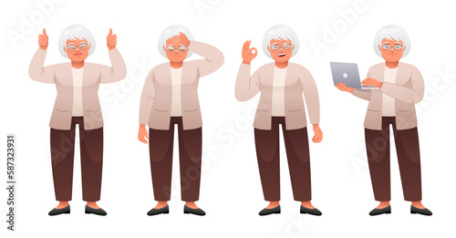 Fototapeta Naklejka Na Ścianę i Meble -  An old white woman stands with a laptop in her hands, in sadness, shows an OK sign, a gesture of approval. An elderly woman with gray hair in glasses stands in different poses. Grandmother
