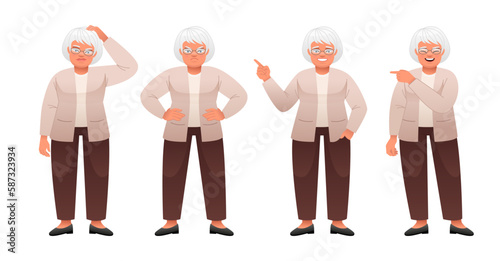 An old white woman stands dissatisfied, hands at her sides, thinks about something, points to something. An elderly woman with gray hair in glasses stands in different poses. Grandmother 