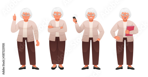 Fototapeta Naklejka Na Ścianę i Meble -  Grandmother stands dissatisfied with her arms crossed, with a book in her hand, a gesture of approval, with a smartphone in her hand. Elderly woman in full growth character set. An old white woman