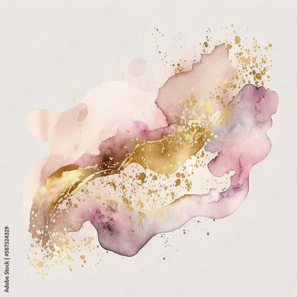 watercolor stains, splashes, blots, waves in soft pink with gold veins. generative ai	
