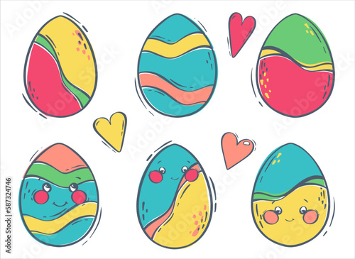Set of colored Easter eggs with zor and soapy faces. Decorated eggs for the spring holiday. Flat vector illustration for concept design. isolated object.
