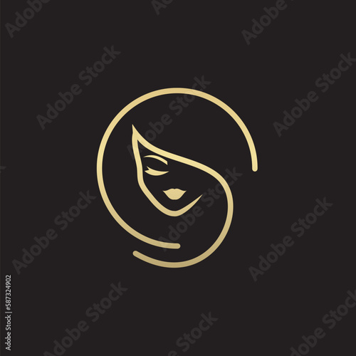 Beautiful woman logo design in golden color, perfect for beauty/hairstyle company.