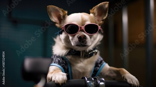 A Dog With Sunglasses Taking A Spin Class. Generative AI