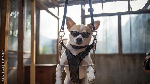 A Dog With Sunglasses Taking A Trapeze Class. Generative AI