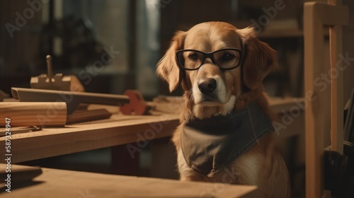 A Dog With Sunglasses Taking A Woodworking Class. Generative AI