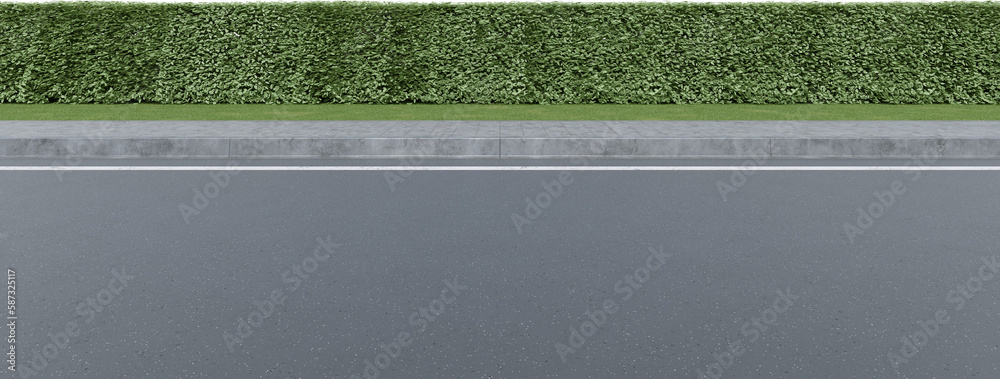 Fototapeta premium Realistic road side and hedge. 3d rendering of isolated objects.
