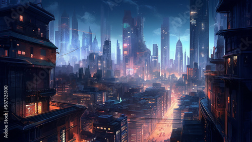 巨大都市の夜のアニメ背景 Nighttime Animated Backgrounds in Large Cities Generative AI 画像生成AI #587325100