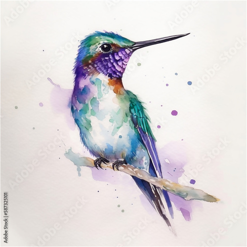 Blue watercolor hummingbird. AI generated content