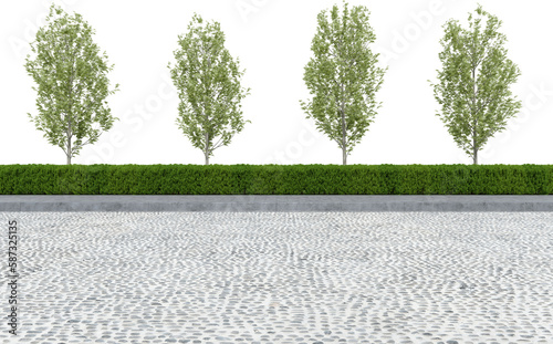 Realistic road side with hedge and tree. 3d rendering of isolated objects.