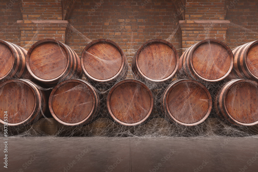Wooden barrels for storing wine or whiskey in the dark basement or cellar.