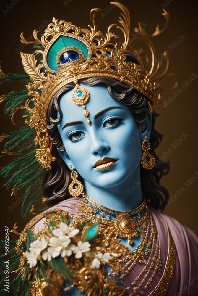 Portrait of Lord Krishna wearing a a crown with peacock feathers. Generative AI.
Portrait of Lord Krishna wearing a a crown with peacock feathers. Generative AI.