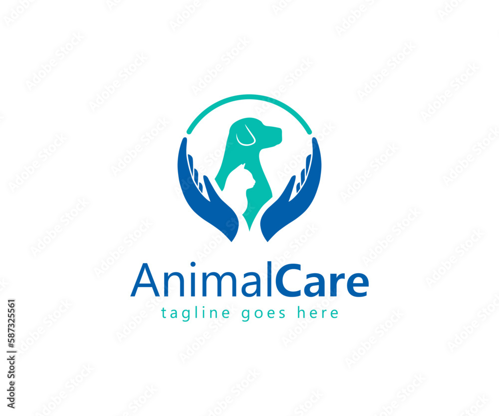 Animal care logo design. Pet care logo with dog, cat, and hand symbols