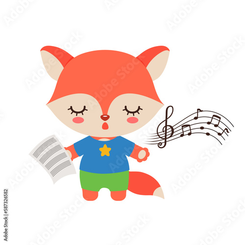 Singing animal cute v cartoon character. Kawaii fox animal student. Musical class logo or mascot. Music notes song learning. Music lesson elementary school subject.