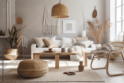Scandinavian living room with rattan table, pampas, and white couch on beige. Basic interior,. Generative AI