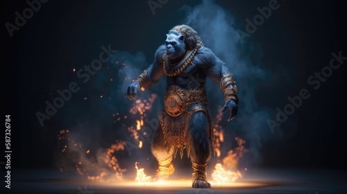 Fire Running, Clothing In Indian Style With Ornate Glowing Blue Elements, Smoke And Dust Background. Generative AI