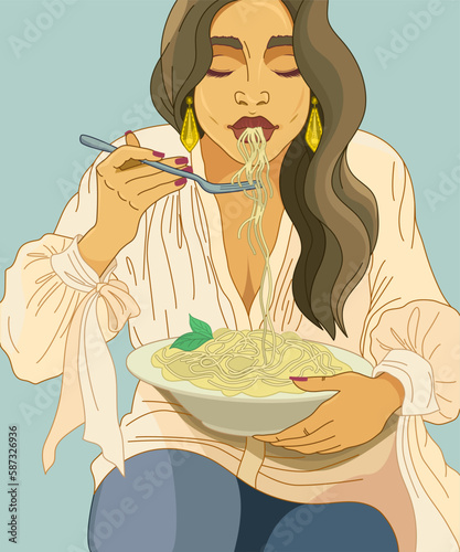 The woman is eating pasta. Large portion of spaghetti on a plate. A young girl eats with an appetite, a fork in her hand. Oriental person. Art Portrait, closed eyes. Vector illustration.