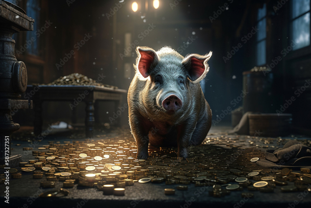 Pig With Coin Getting In a pig among gold coins, created by a neural network, Generative AI ...