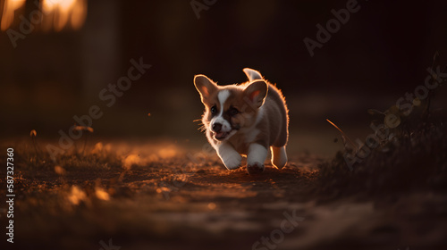 Corgi puppy running through a field, generative AI