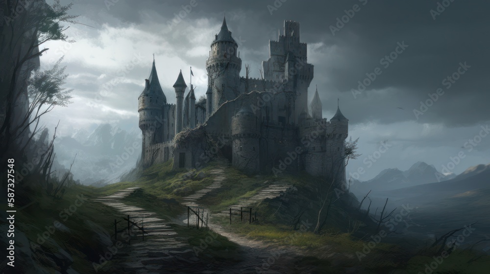 Abandoned Medieval Castle Ruins in the Moor, Concept Art, Digital Illustration, Generative AI