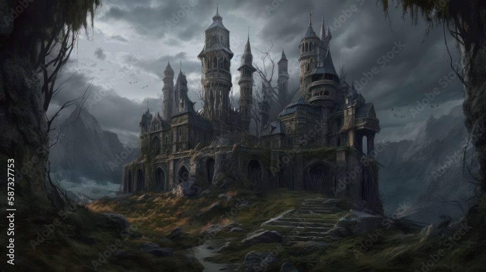 Abandoned Medieval Castle Ruins in the Moor, Concept Art, Digital Illustration, Generative AI Abandoned Medieval Castle Ruins in the Moor, Concept Art, Digital Illustration, Generative AI
