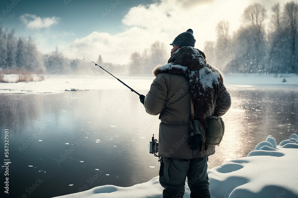 A man in the bitter cold of winter catches a fishing rod on the frozen water, winter fishing in the snow. Generative AI A man in the bitter cold of winter catches a fishing rod on the frozen water, winter fishing in the snow. Generative AI