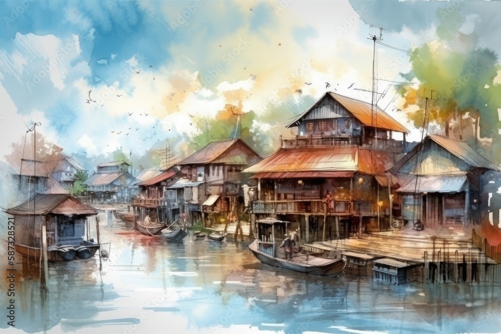 houses and boats on a serene river in watercolor. Generative AI