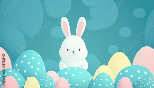 Easter bunny in a field of eggs. Blue background. Cartoon Style.