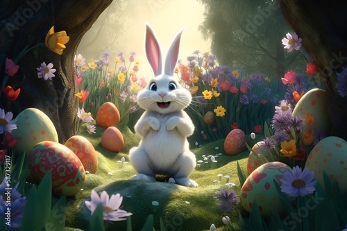 Happy Easter bunny in a forest surrounded with colorful eggs and flowers , AI generative © Domeios