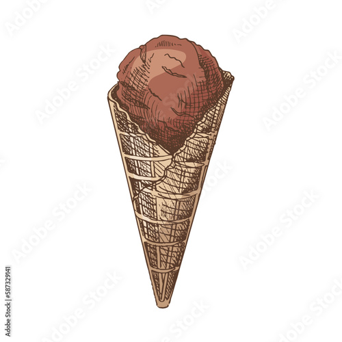 A hand-drawn colored sketch of a waffle cone with ice cream. Vintage illustration. Element for the design of labels, packaging and postcards.