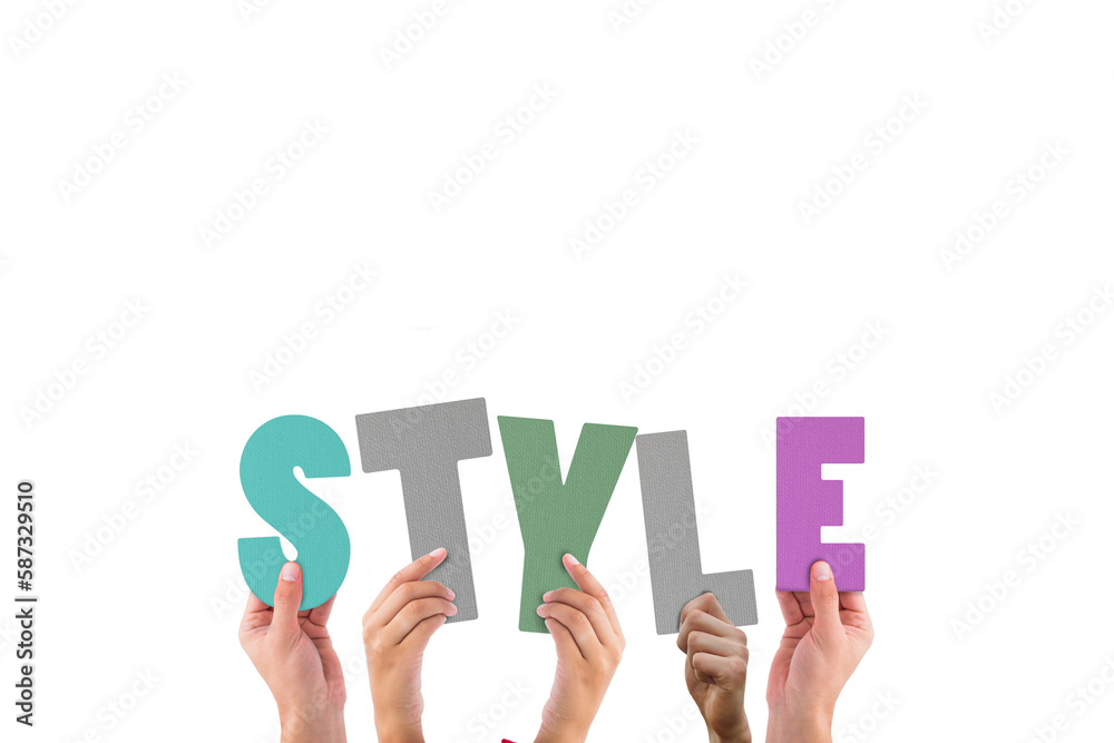 Colorful alphabet spelling style held up by people Colorful alphabet spelling style held up by people