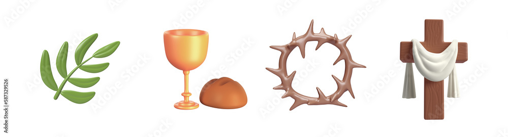 Cute 3d icon Easter Detailed Green Palm Tree Branch, Crown of thorns, Eucharist bread and vine and Wooden Cross with white cloth. illustration isolated transparent png background Cute 3d icon Easter Detailed Green Palm Tree Branch, Crown of thorns, Eucharist bread and vine and Wooden Cross with white cloth. illustration isolated transparent png background