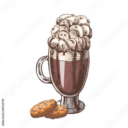  A hand-drawn colored  sketch of hot chocolate with whipped cream and cookies. Vintage illustration, doodle. Element for the design of labels, packaging and postcards..