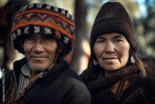 Indigenous senior Mapuche couple, South American natives from Chile and Argentina. Portrait looking at camera. Generative AI