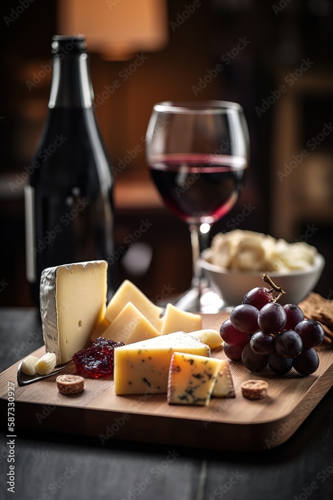 Delicious relaxing time with table of cheese, grapes and red wine. Generative AI vertical shot Delicious relaxing time with table of cheese, grapes and red wine. Generative AI vertical shot