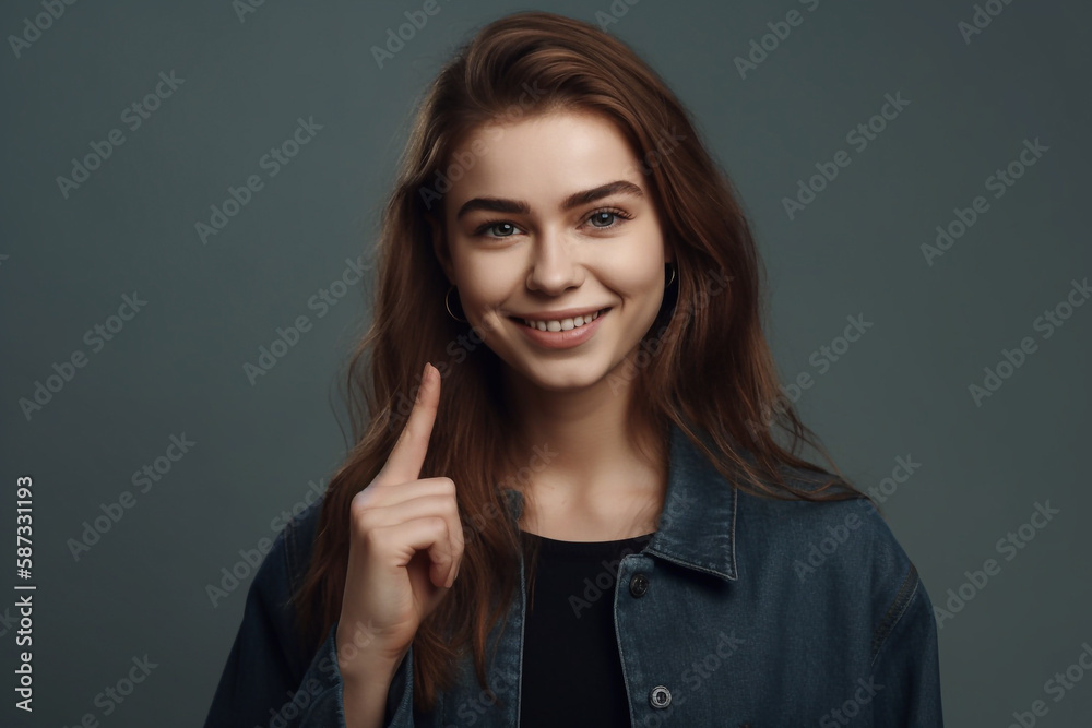 Smiling young girl standing isolated over gray background pointing forefinger up - ai generative Smiling young girl standing isolated over gray background pointing forefinger up - ai generative