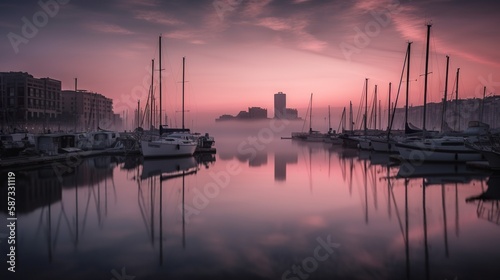 Yacht harbor at dawn with city behind, calm water, pink feather clouds reflected in sea water, marina, AI generative © Friedbert