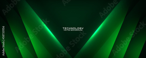 3D green techno abstract background overlap layer on dark space with light line effect decoration. Modern graphic design element cutout style concept for banner, flyer, card, or brochure cover