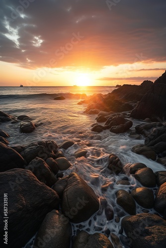 Rocky beach dramatic sunset. Generative AI vertical shot © Pajaros Volando