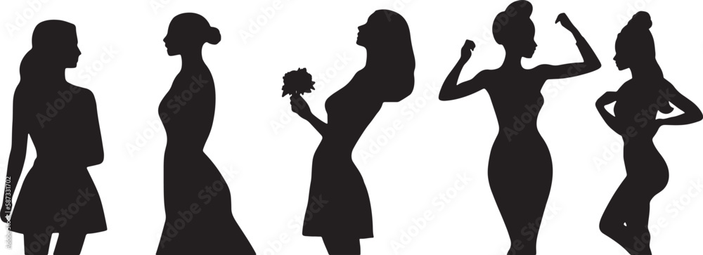 Beautiful young women stand in elegant poses. Set of silhouettes of girls with a beautiful slim figure