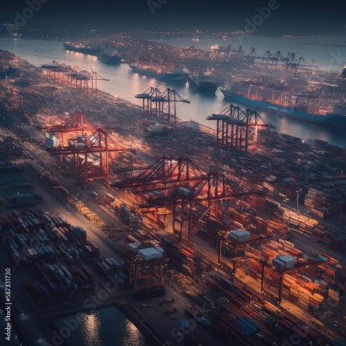 Busy Container Port Filled with Massive Ships at night