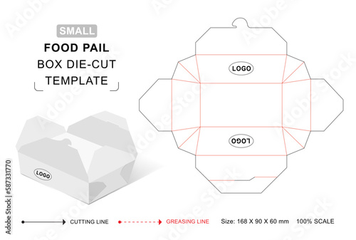 Food pail box die cut template with 3D blank vector mockup for food packaging